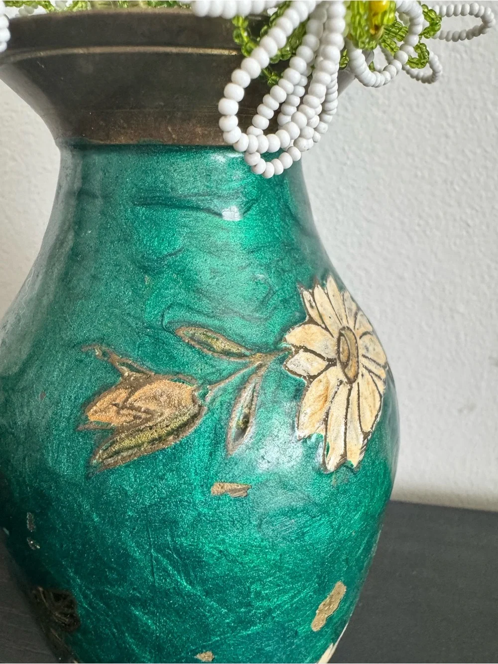 Vintage Cloisonné Brass & Teal Enamel Floral Vase with Beaded Flowers - Picture 5 of 5